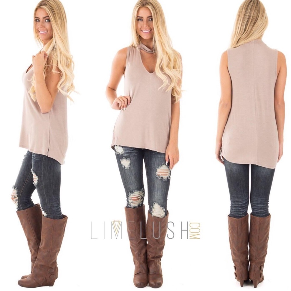 Taupe Knit Tank with Mock Collar & Cut Out V Neck